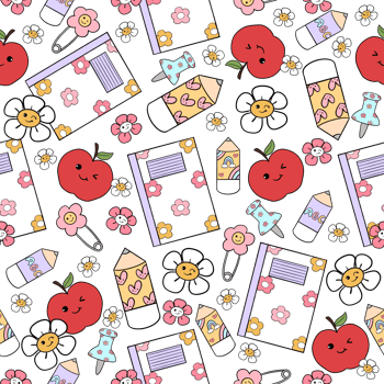 Groovy teacher seamless pattern, Retro school supplies printable repeat digital paper background. png