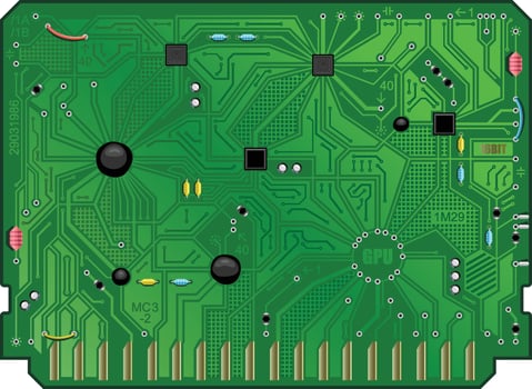 The computing module circuit Board. Green graphics card. Printed computer motherboard with microcircuit. Electronic background vector