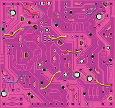 The computing module circuit Board. Burgundy graphics card. Printed computer motherboard with microcircuit. Electronic background vector