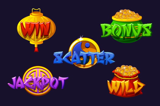 Wild, jackpot, win, bonus, and scatter icons for China slots. Chinese Style Icons for 2D Games and Casino or Slots. vector