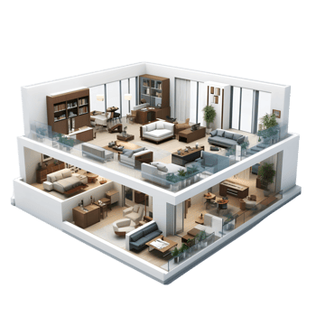 Modern living room with white walls, a coffee table and a sofa. on transparent background png