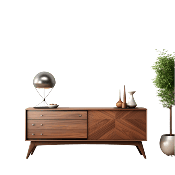 Interior of modern living room with a wooden chest of drawers on transparent background png