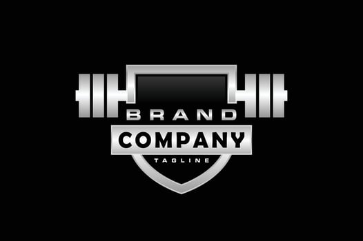 shield barbell fitness emblem logo vector