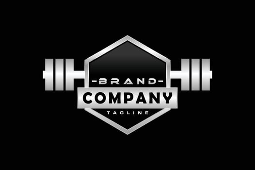 hexagon barbell fitness emblem logo vector