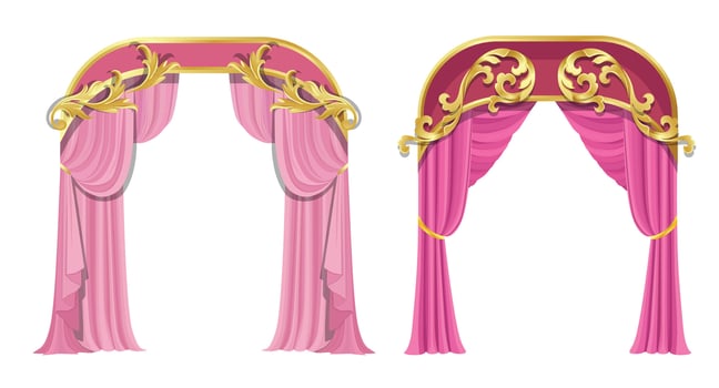 Curtains Pink color, Luxury curtains, Decorative silk cloth vintage frame. vector