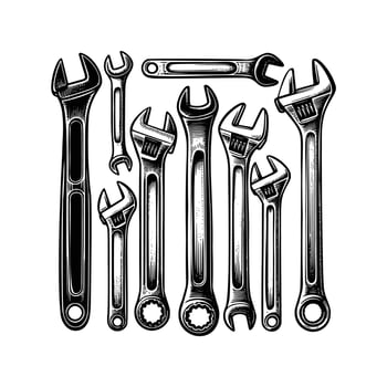 set black and white illustration of wrench isolated on white background vector