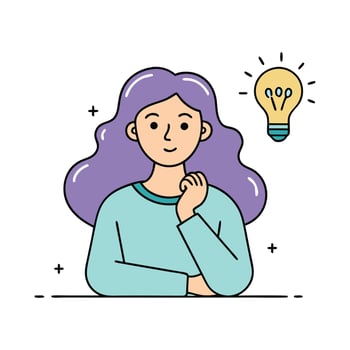 Woman thinking. Light bulb with gears over head, colorful continuous line art illustration. vector