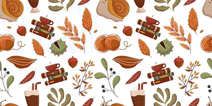 Autumn themed seamless pattern showcasing cozy elements such as books, cups of hot beverages, knitting supplies, and various fall leaves and acorns. Fall mood textile print vector