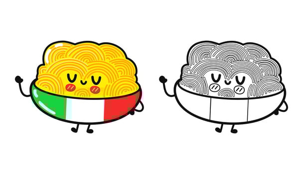 Plate of Spaghetti character outline cartoon illustration for coloring book. Hand drawn Spaghetti traditional cartoon vintage, retro, kawaii character. Isolated white background vector