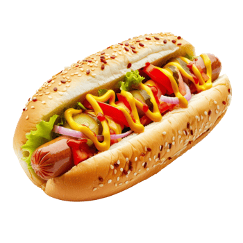 Close-up of hot dog with mustard, onions and pickles. Take away street food with sesame bun, sausage and toppings png