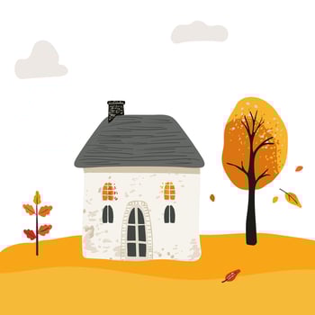 Cartoon evening Village House with a tiled roof. Folk orange leaves on a tree. Postcard and poster. For children print textiles vector