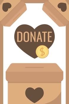 Frame of falling coins money in box charity and donation boxes border with heart says DONATE vector