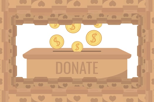 Frame of falling coins money in box charity and donation boxes border with heart says DONATE vector