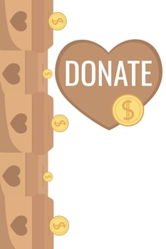 Frame of falling coins money in box charity and donation boxes border with heart says DONATE vector