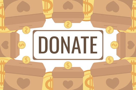 Frame of falling coins money in box charity and donation boxes border with heart says DONATE vector
