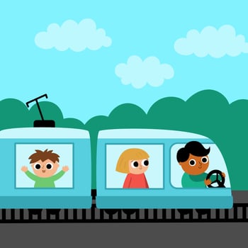 square scene with man driving train and passengers. City or country transportation illustration. Cute kid driving transport. Railroad vehicle landscape. Cartoon child on railway commuter engine vector