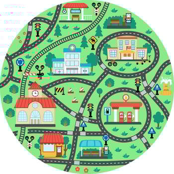 City transport map. Round shaped background with railway, roads, traffic signs for kids. road trip playing mat for kids. Urban plan with school, railway station, bus stop, gas station, cafe, hospital vector