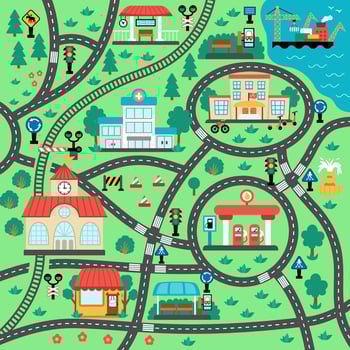 City transport map. Square shaped background with railway, roads, traffic signs for kids. road trip playing mat for kids. Urban plan with school, railway station, bus stop, gas station, cafe, hospital vector