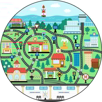 City transportation map. Round shaped background with air, water, land, underground transport places for kids. road trip playing mat or rug for kids. Urban plan with railway station, bus stop vector