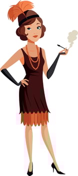 Elegant flapper girl in 1920s fashion, smoking cigarette and wearing orange feather headband vector
