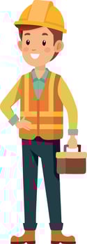 Smiling cartoon construction worker in safety vest and hard hat holding a toolbox vector