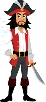 Cartoon pirate character in red vest and black hat with sword vector