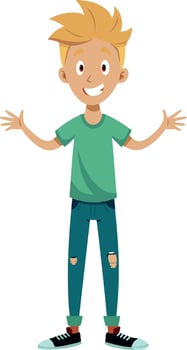 Cheerful cartoon boy character with open arms wearing green t-shirt and ripped jeans vector