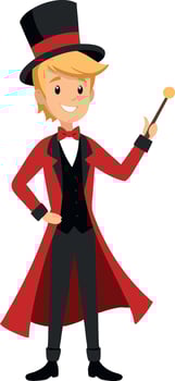 Cheerful cartoon magician character in red coat and top hat holding magic wand vector
