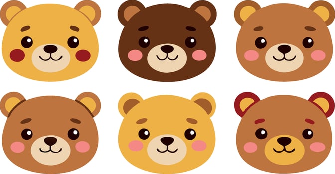 Cute cartoon bear faces illustration set with multiple expressions vector