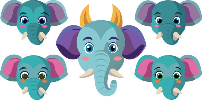 Cute cartoon elephant faces illustration with diverse expressions and vibrant colors vector