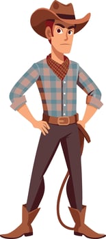 Cartoon cowboy character in checkered shirt and western attire with hands on hips vector