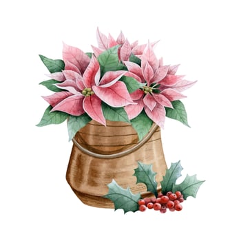 Christmas plants and florals with poinsettia flowers in vintage brown pot and red holly berries watercolor illustration vector