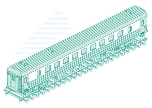 Isometric passenger railroad car. Outline passenger carriage. Object isolated on white background. Railway. Wagon on rails. vector