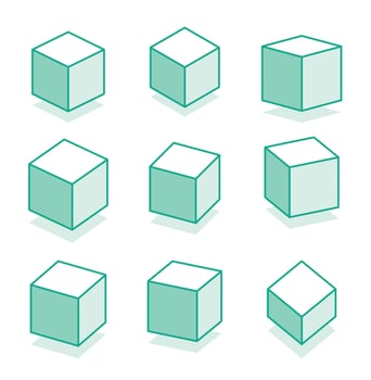 3d cubes in different isometric projections. Outline objects isolated on white background. vector