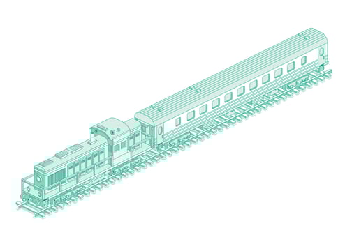 Isometric locomotive with passenger railroad car. Railway. Object isolated on white background. Outline passenger carriage. Railway. Wagon on rails. vector