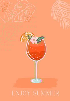 Spritz Cocktail. Glass of Summer fruit drink with orange slice, flower and mint. Refreshing lemonade. Hand drawn flat style colorful trendy illustration. vector