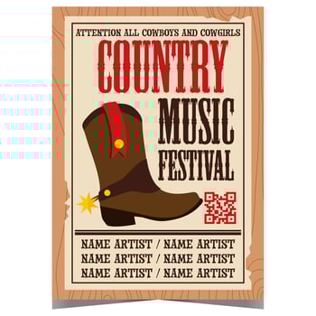 Country music festival banner or flyer with cowboy boot in the background. invitation for live show, traditional concert or western culture event with South American ballads and folk lyrics. vector