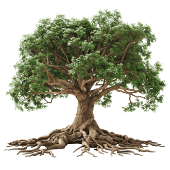 Large Oak Tree with Expansive Roots on Transparent Background png