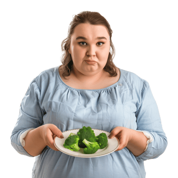 Overweight Woman Holding Plate With Broccoli Looking Upset png