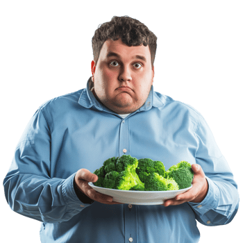 Young Man Holding Plate with Broccoli, Unsure Expression png