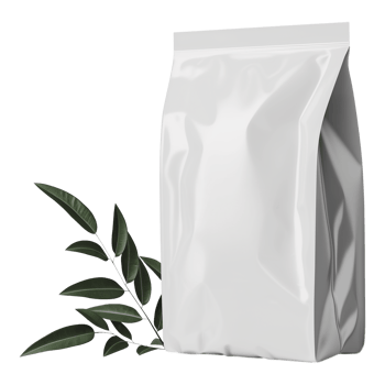 Blank Coffee Bag Mockup with Green Leaves on Transparent Background png