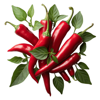 Vibrant Red Peppers with Leaves and Stems png