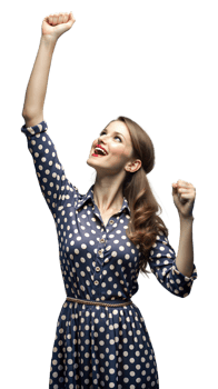 Happy Woman In Polka Dot Dress Celebrates Success With Arms Raised png