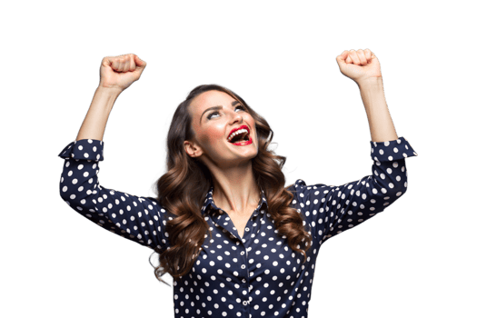 Happy Woman With Long Brown Hair Wearing Polka Dot Shirt Celebrates With Raised Arms png
