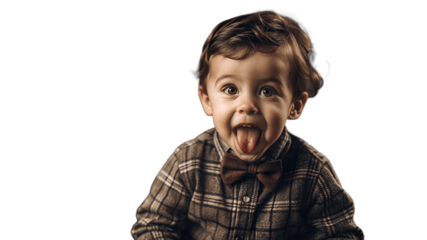 Adorable Toddler Boy Wearing Plaid Shirt and Bowtie Sticking Out His Tongue png