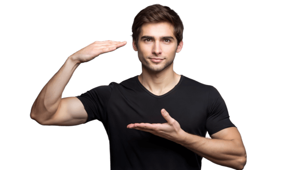 Young Man Gesturing With Hands, Holding an Imaginary Object, Wearing a Black T-Shirt png