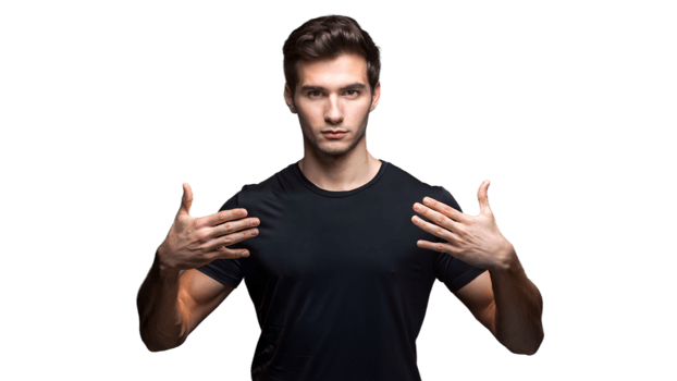 Young Man Wearing Black T-Shirt Gesturing With Open Palms png