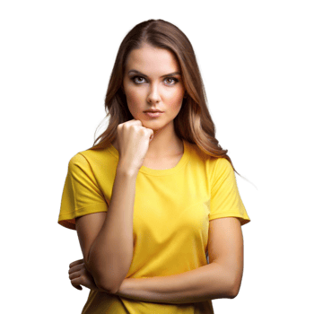 Woman Wearing Yellow T-Shirt Posing With Hand on Chin png