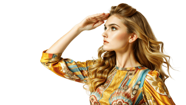 Woman In Floral Dress Looking Up With Hand To Forehead png