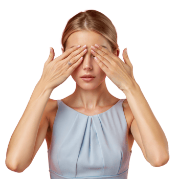 Young Woman Covering Her Eyes With Hands in a Blue Dress png